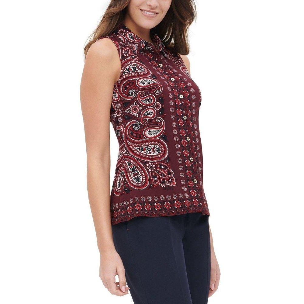 NEW Tommy Hilfiger Burgundy Multi Paisley Button-Up Sleeveless Blouse